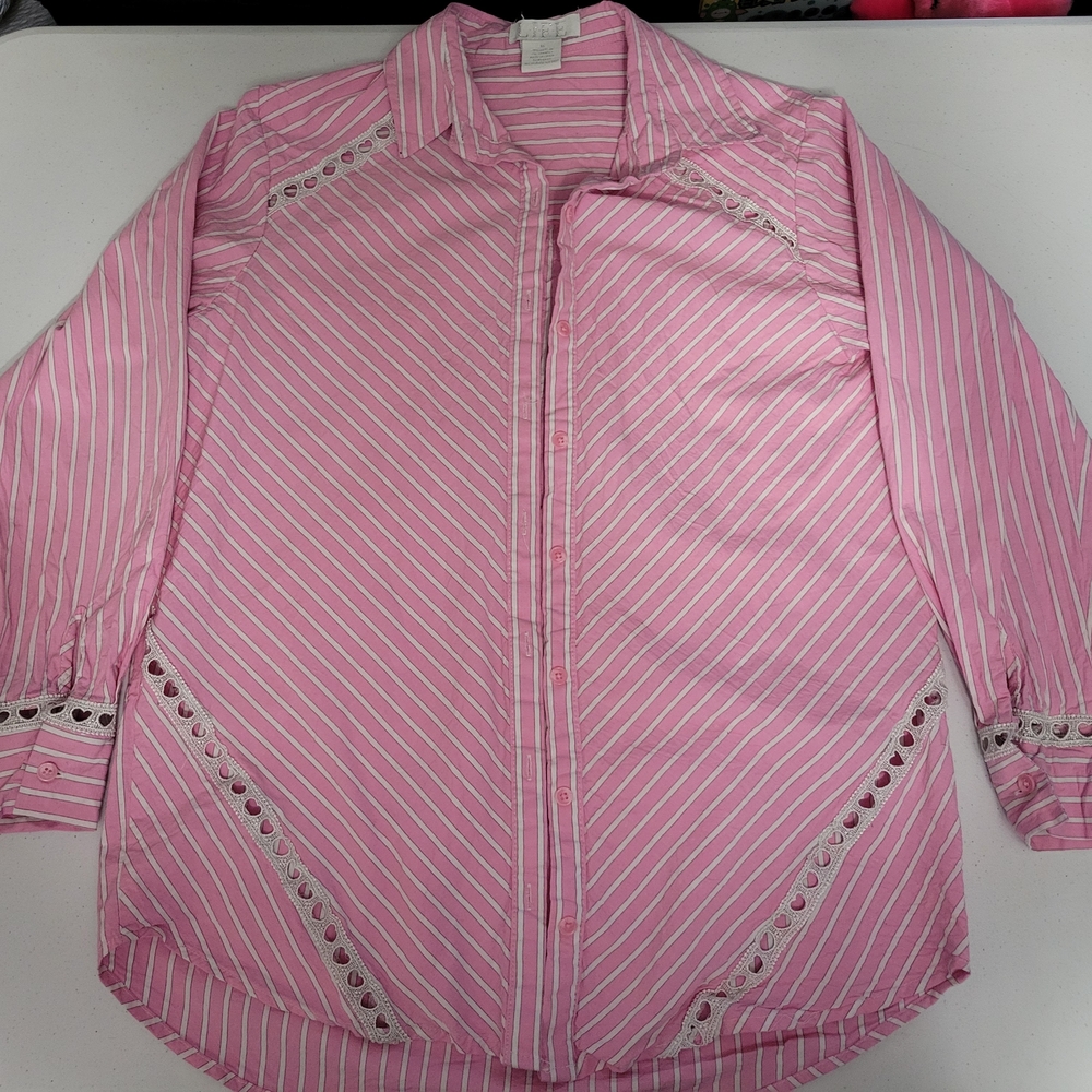 LIFE brand Pink Striped Button Down / Button Up Blouse with Heart Cutouts